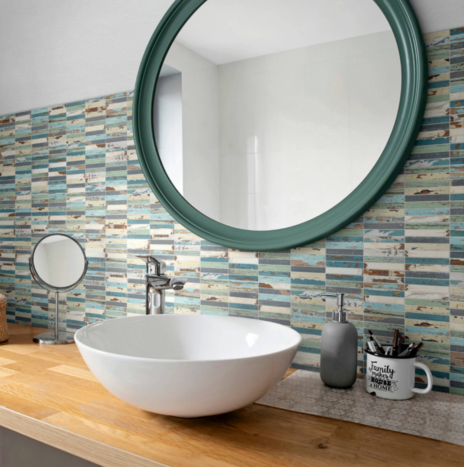 0.7x4 Wood Rectangles Mix Beige/Blue Ceramic Mosaic | Marino Tile NY