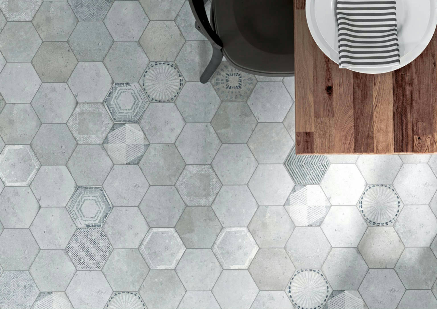 Alma 5.5x6.3” Grey and Grey Decor Hexagon | Marino Tile NY