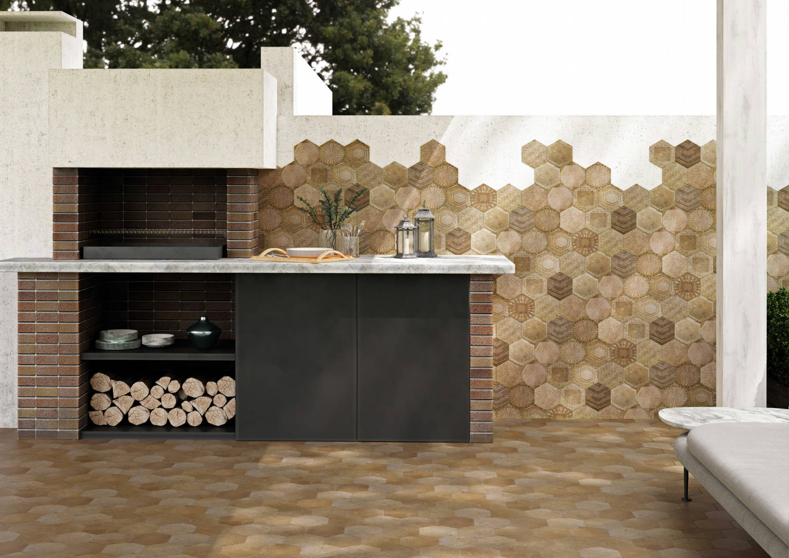 Alma 5.5x6.3” Terra and Sand Decor Hexagon | Marino Tile NY