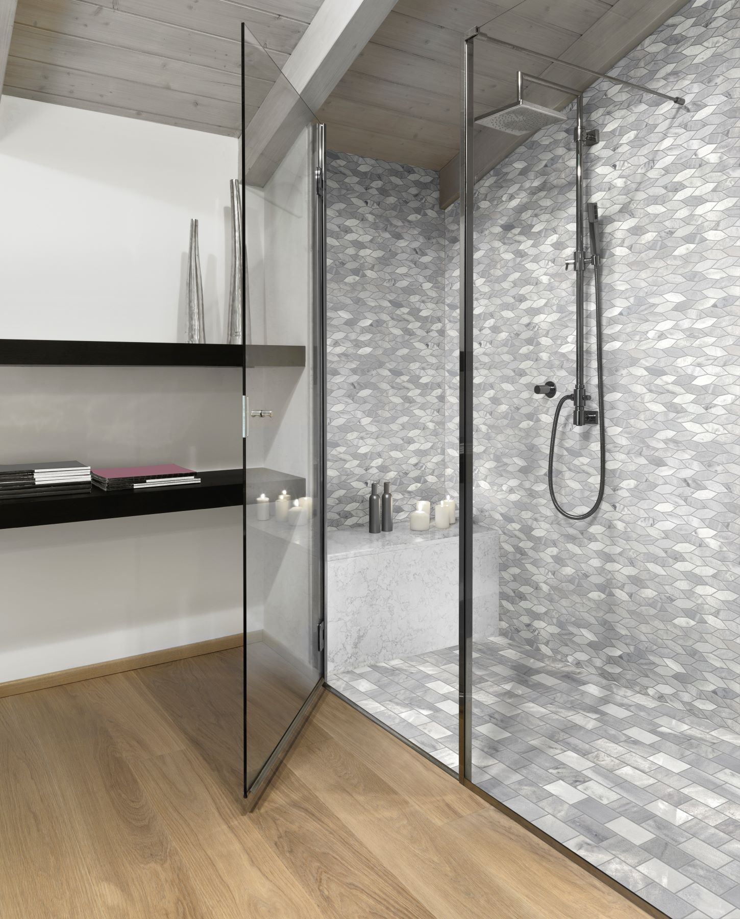 Elongated Hexagon Ice Grey + 2"x4" Brick Ice Grey Mosaic | Marino Tile NY
