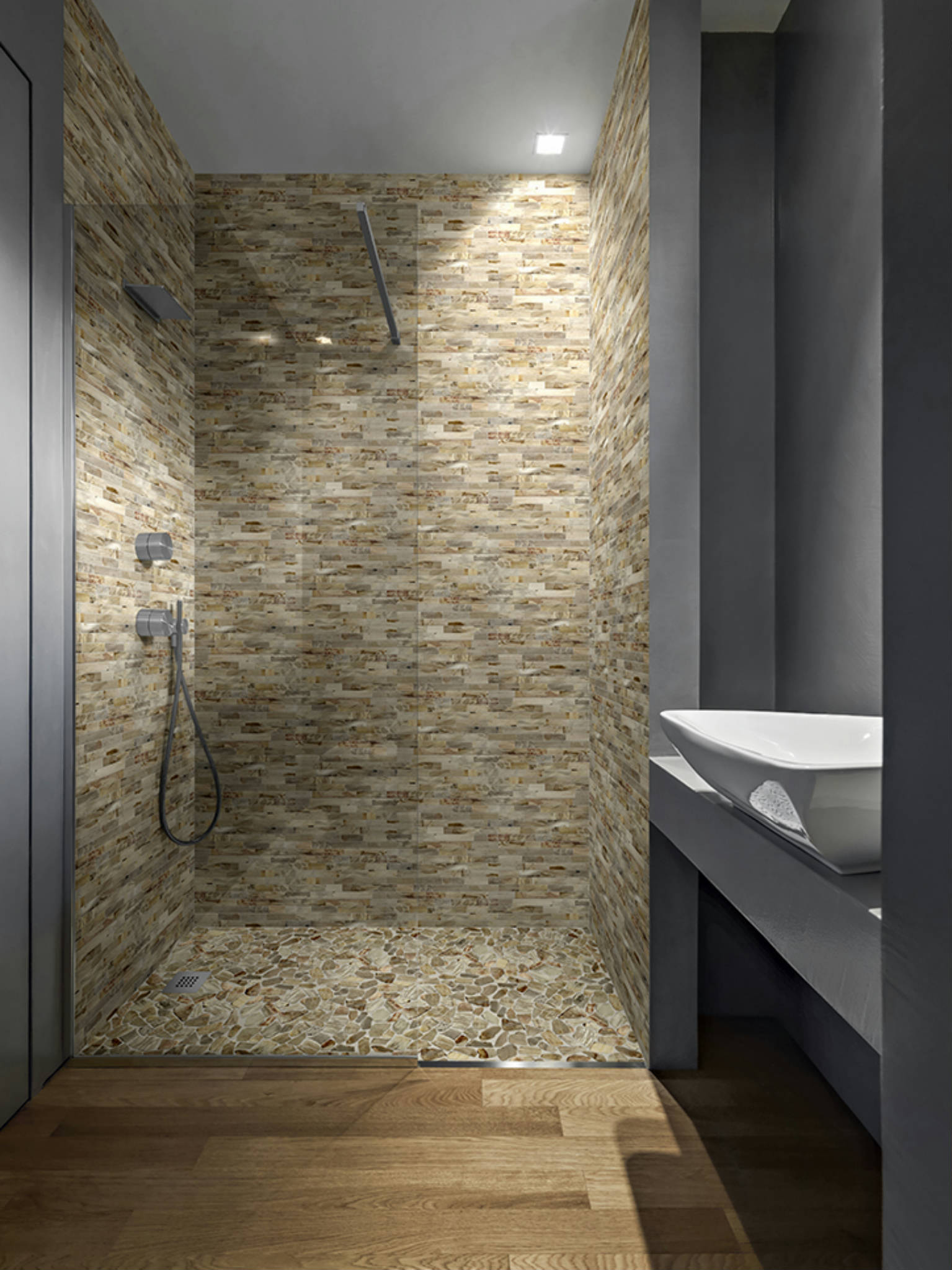 Fossil Wood Mini Opus Mix Beige Interlocking Mosaic | Marino Tile NY