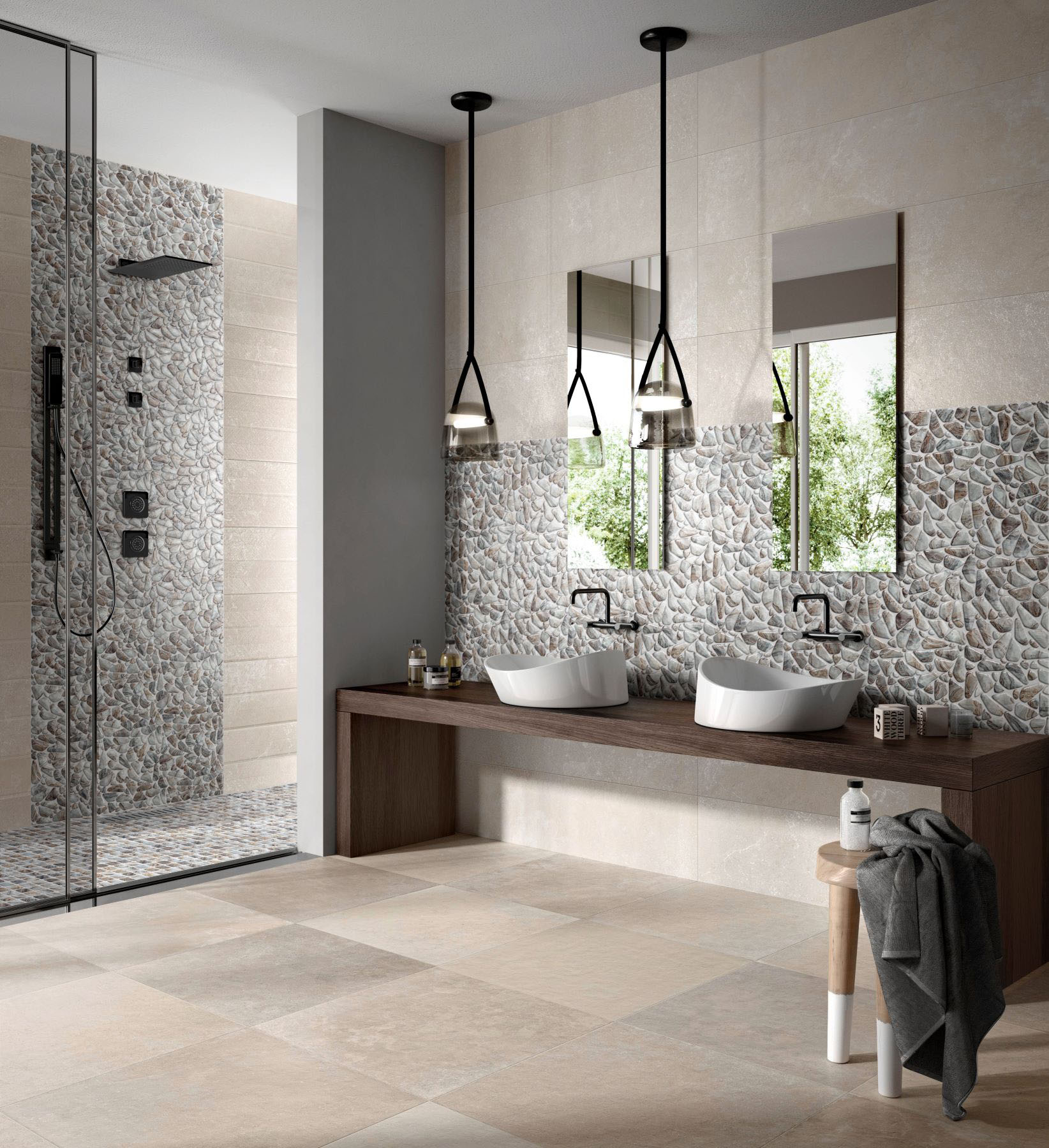 Glass Pebble Grey Beige Mix + Glass Square Grey Beige Mix | Marino Tile NY