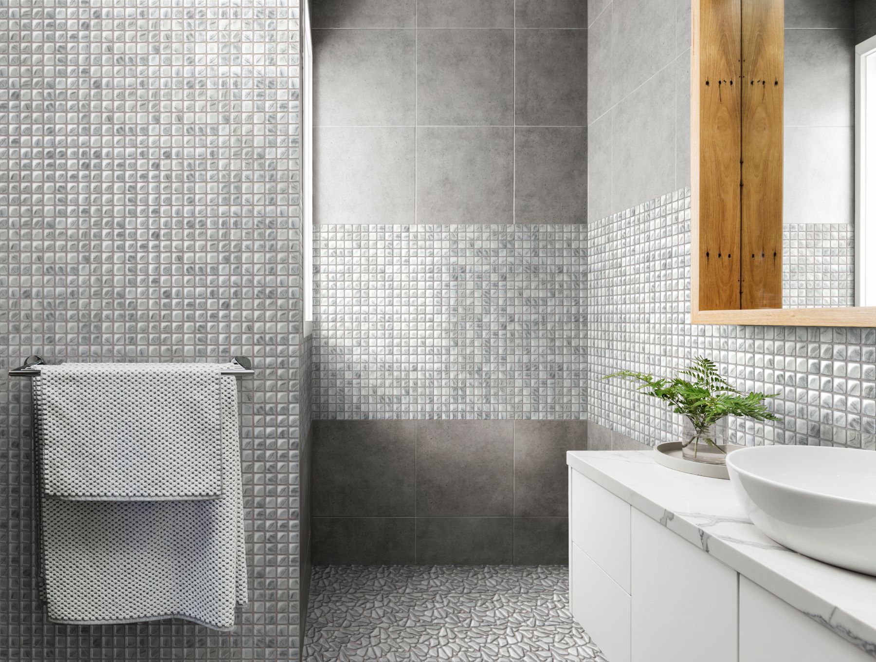 Glass Pebble Light Grey  + Glass Square Light Grey | Marino Tile NY