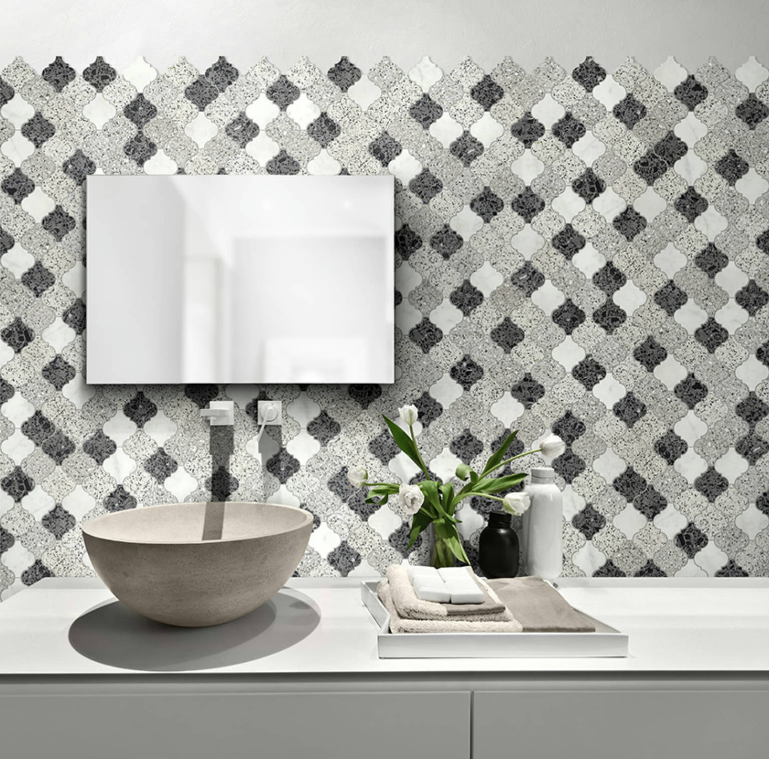 Lantern Terrazzo Marble White, Grey, Black Mix Mosaic | Marino Tile NY